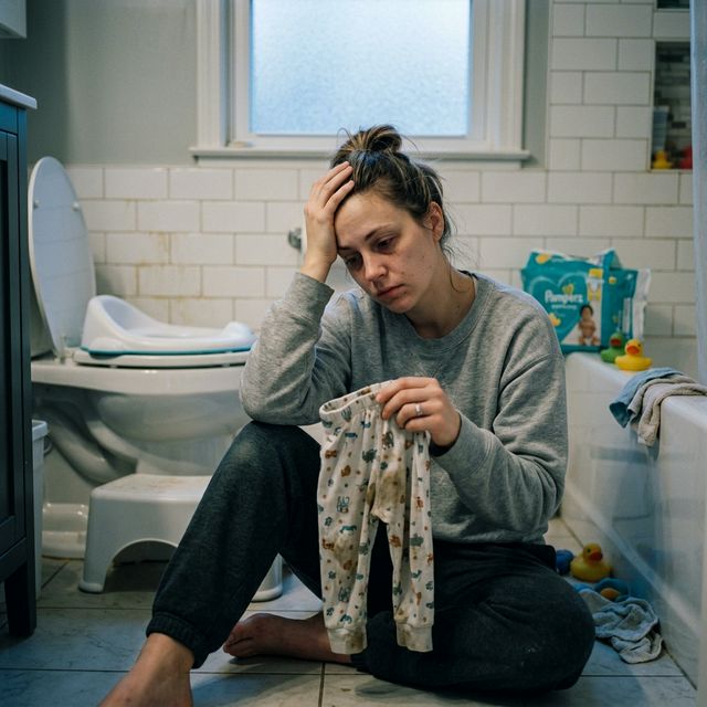 Mãe cansada lidando com o estresse do desfralde